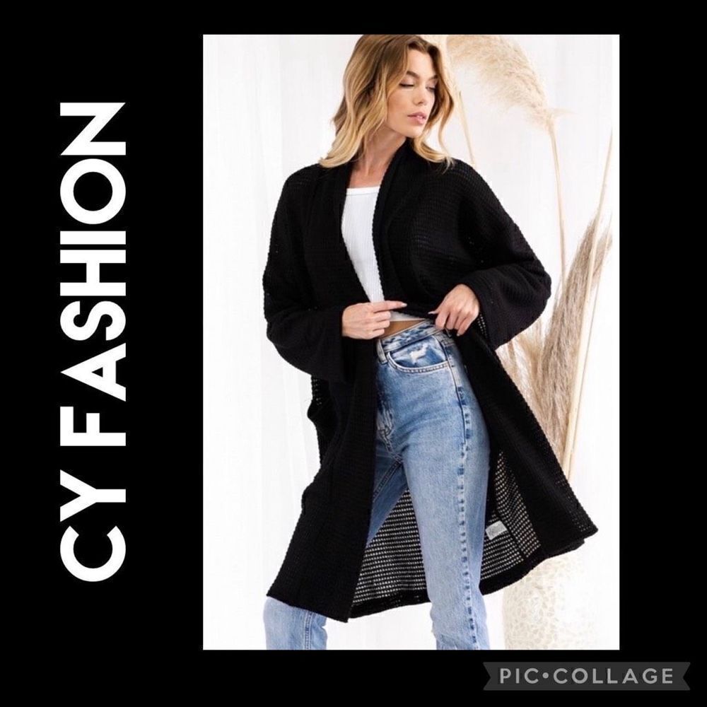 CY Fashion Long Black Open Semi Sheer waffle Knit Cardigan Size Small-NWT